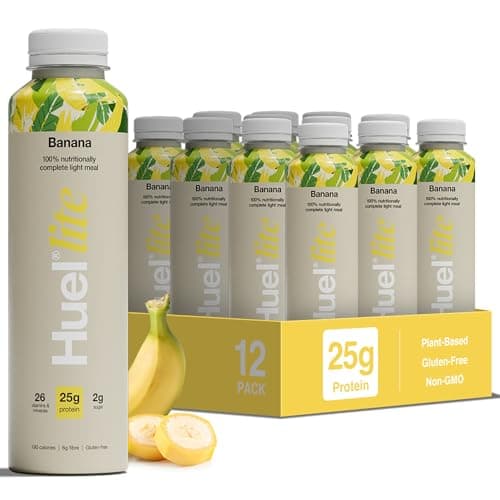 Image of Huel Lite Ready to Drink, 12 x 500ml Bottles, 25g Banana Flavour Protein Shake, 190 Calories Meal Replacement Shake, Low Sugar, High Fibre, Vegan Protein Drinks with 26 Vitamins & Minerals