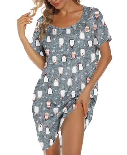 Image of MIA LUCCE Womens Nightdresses Short Sleeve Cotton Fashion Print, Women's Nightdresses & Nightshirts Nighties Women's Nightwear Summer Sleepshirts(Grey Penguin,XX-Large)