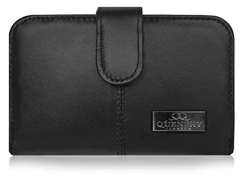Image of Quenchy London Real Leather Purse RFID and NFC Blocking with 2 Zipped Coin Sections, 5 Coin Trays, 6 Credit Debit Cards Spaces Slots 14cm x10 x3 QL841225K (Black)