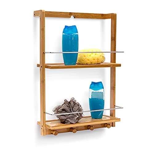 Image of Relaxdays Bamboo Shower Caddy Shelf Organiser with 2 Shelves Shower Rack with Moisture-Resistant Wood for Kitchen and Bathroom Bathroom Shelf or Spice Rack with 4 Hand Towel Hook, Natural