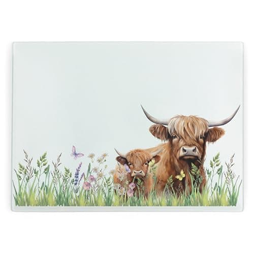 Image of Highland Cow Glass Chopping Board - Rectangular Large Mum & Calf Glass Worktop Protector - Smooth Board Kitchen Cutting Board Worktop Saver with Non-Slip Feet 39cm x 28.5cm (15" x 11")