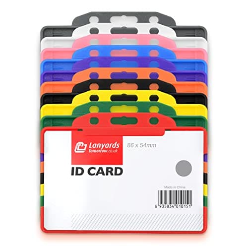 Image of CKB LTD Assorted Mixed Colour Pack of 10 Single Sided Rigid Slide in Open Faced ID Card Badge Holders Horizontal/Landscape Identity Plastic Pass - Holds a 86mm 54mm cr80 Credit Card Sized