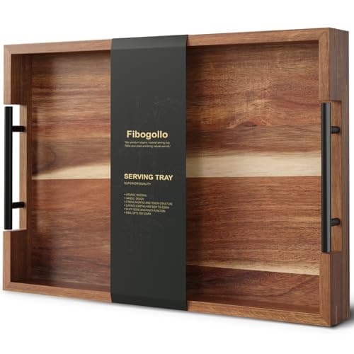 Image of Fibogollo Acacia Wood Serving Tray with Metal Handles,17x12in Ottoman Decorative Trays Platter for Coffee Table,Living Room,Bar,Party(Large)