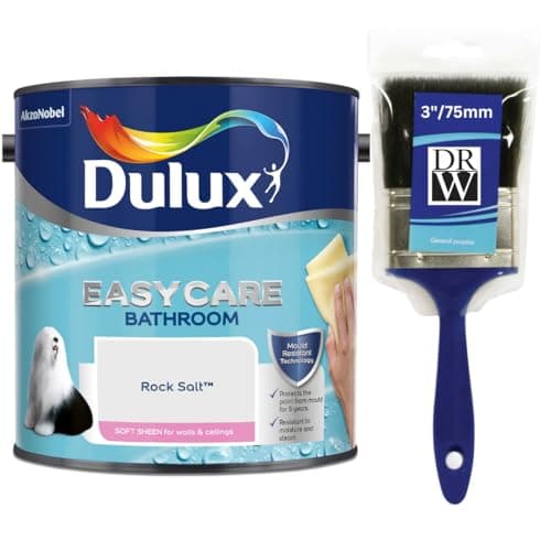 Image of Rock Salt Dulux Easycare Bathroom Soft Sheen Paint 2.5L + 3" Emulsion Paint Brush– Moisture & Steam Resistant, Mould Protection, Washable Durable Finish for Bathroom Walls & Ceilings