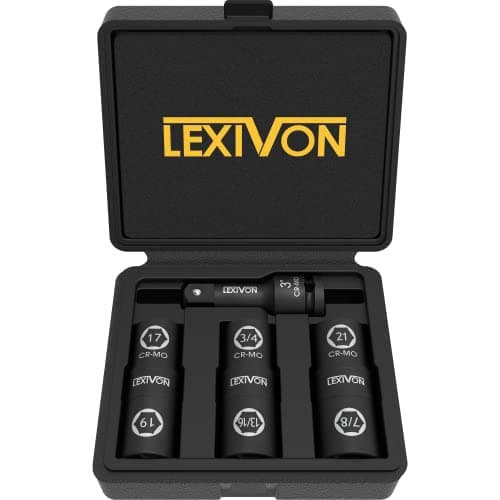 Image of LEXIVON Impact Socket Set 1/2 Inch Drive – Deep Wheel Nut Socket Set for Car & Truck Tyres, Heavy Duty 6-Point CR-MO Steel with Extension Bar & Case, 6 in 3 Piece Metric & SAE (LX-111)