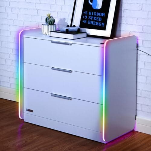 Image of X-Rocker Electra 85cm x 43cm, RGB LED Chest of Drawers - Neo Motion™ Sync App Controlled LED Lights, 3 Drawer, Free Standing, Durable Wooden Frame for Kids & Teens - White