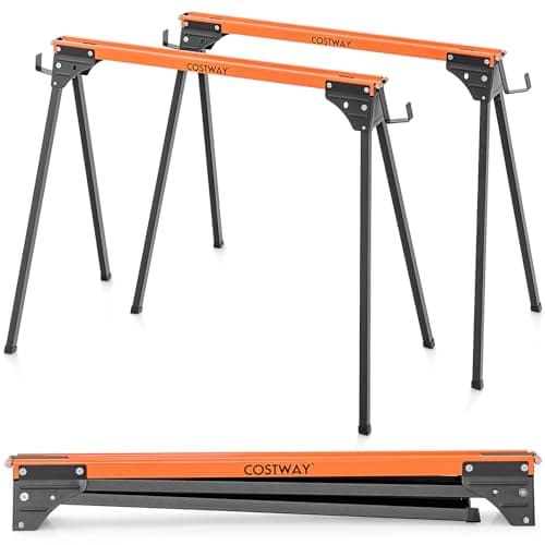 Image of COSTWAY Folding Saw Horse Twin Pack, Heavy Duty Workbench with Footpads and 2 x 4 Support Arms, Fully Assembled Metal Trestle Stands Sawhorse for Sawing Work, Each Max Load 500kg (Orange)