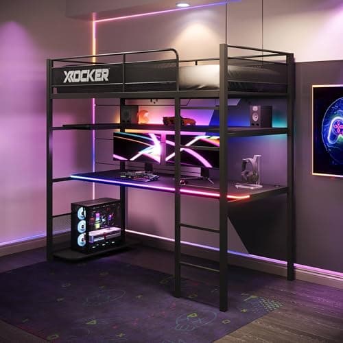 Image of X-Rocker Battlebunk RGB 3ft Single High Sleeper Bunk Bed for Kids & Teens - App Controlled LED Lights, Gaming Desk & PC Storage Shelf, Display Shelving, Sturdy Metal - Black - 90x190cm