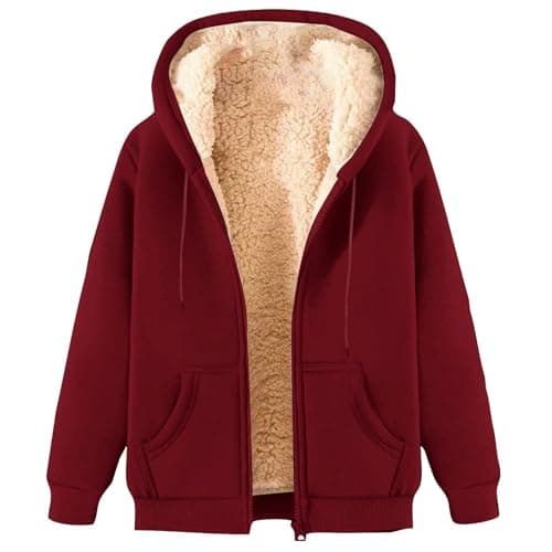 Image of Yolimok Men's Hoodies Full Zip Fleece Jacket Coat Winter Warm Oversized Zip Up Hooded Top with Pockets, Essentials Men's Sherpa-Lined Full-Zip Fleece Hoodie Wine