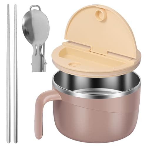 Image of 1200ml Large Ramen Bowl with Drainable Lid and Handle, Stainless Steel Instant Noodle Bowl Set with Phone Holder, Collapsible Spoon and Chopsticks, Ramen Cooker Bowls for Dorm, Office and Home (Khaki)