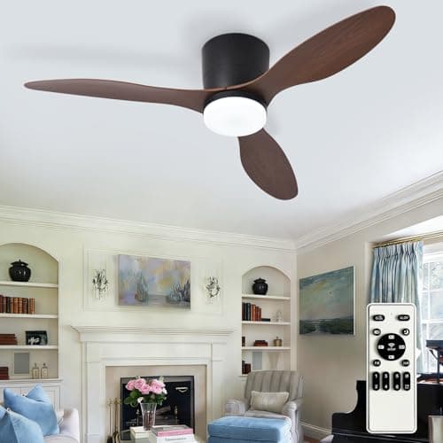 Image of Depuley Flush Mount Ceiling Fan: 42-Inch Black Ceiling Fans with Lights for Indoor Outdoor - Low Profile Ceiling Fans with Remote Control 24W 3CCT Dimmable 3 Reversible Walnut Blades 6 Speeds