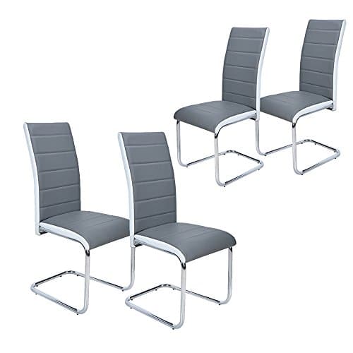 Image of Panana 4Pcs Gray Faux Leather Dining Chairs With High Back and Chrome Legs - Kitchen Room Chair Set (Grey With White, 4)