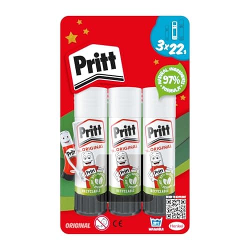 Image of Pritt Glue Stick, Safe and Child-Friendly Craft Glue for Arts and Crafts Activities, Strong-Hold adhesive for School and Office Supplies, 22 g (Pack of 3)