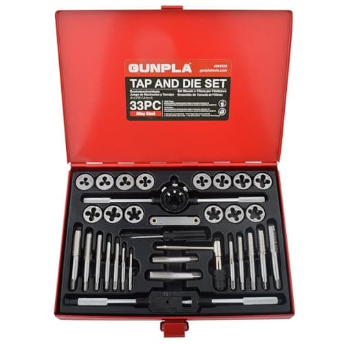 Image of Gunpla 33pcs Tap and Dies Set Metric and SAE Heavy Duty Tungsten Alloy Steel Screw Threads Cutting Tools Taper Drill Threading Kit with Red Metal Storage Case