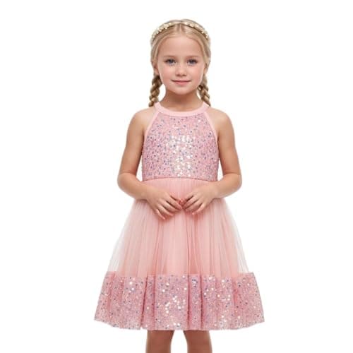 Image of NNJXD Little Girl Party Dress Princess Sequin Pageant Tulle Flower Girls Wedding Birthday Sparkle Dresses 2204 Pink Size(3Y) 3 Years