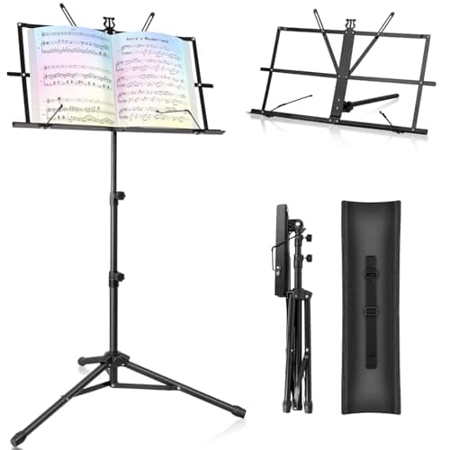 Image of New Bee Music Stand - Music Stands for Sheet with Carrying Bag, Metal Sheet Music Stand Portable, Adjustable Podium Stand with Tripod Base and Sheet Music Folder - Black