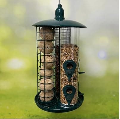 Image of 3-in-1 Bird Feeder – Hanging Seed, Peanut & Fat Ball Feeder – Triple Tube Garden Feeder with Tray – Dark Green