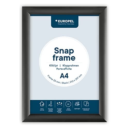 Image of EUROPEL Snap Frame Black A4, 25 mm | Aluminium Anodised Construction & Anti-Glare Cover | Clip Poster Holders for Retail & Advertising Displays | Notice Sign Board Frame for Walls