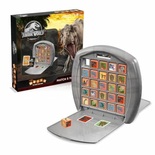 Image of Top Trumps Jurassic World Match The Crazy Cube Game, return to Isla Nubar and match five dinosaur including Blue and Triceratops, travel board game, gift and toy for boys and girls aged 4 plus