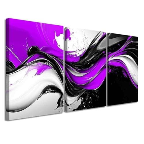 Image of LZIMU 3 Pieces Abstract Wall Art Black White Picture Prints Graffiti Splash Ink Canvas Painting Modern Neutral Aesthetic Artwork Office Living Room Bathroom Decor (Purple, (12x16inchx3 Pieces))