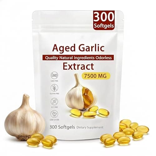 Image of Aged Garlic Extract,7500mg 15:1 Concentrate, Odourless Garlic Capsules, Garlic Capsules for Heart & Immune Health, Natural Black Garlic Extract, 300 Count with Resealable Pouch, Non-GMO, Gluten-Free