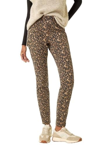 Image of Roman Originals Jeggings for Women UK Jean Ladies Stretchy Trousers Denim Leggings High Waist Rise Pull On Skinny Straight Leg Cotton Pants Smart Casual - Leopard Animal Brown - Size 18