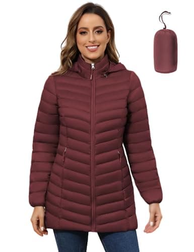 Image of ROYAL MATRIX Women's Packable Puffer Jacket - Lightweight Winter Warm Long Quilted Puffer Coat with Detachable Hood, Wine Red, X-Large