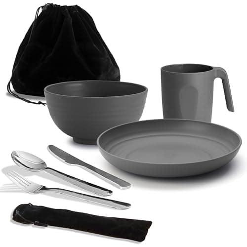 Image of Camping Utensils, Reanea Camping Mess Kit for Travel, Camping, Picnic, Outdoor, Camping Gear Include Knife, Spoon, Fork Cutlery Set, Cup, Bowl, Plate, Camping Essentials for 1
