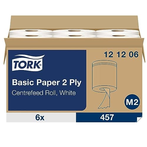Image of Tork 121206 Basic wiping paper roll M2 / Long lasting paper hand towel roll compatible with Tork M2 centrefeed system / 6 x 457 sheets (20 x 35cm)