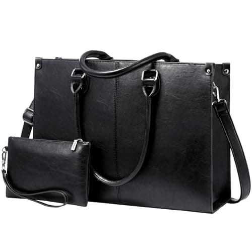 Image of LOVEVOOK Laptop Bags for Women,15.6 Inch PU Leather Tote Bag with Wristlet Pouch, Retro Ladies Handbag Shoulder Bag Briefcase for Work School Office Business,Black