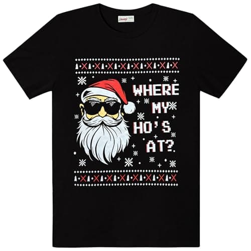 Image of Mainfini Men Novelty Christmas T-Shirt Crewneck Black Where My Ho's at Holiday Top L