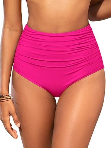 Image of SHEKINI Women Shaping Swimwear Bottoms High Waisted Bikini Bottom Tummy Control Ruched Swim Brief Bottom, Hot Pink, Large