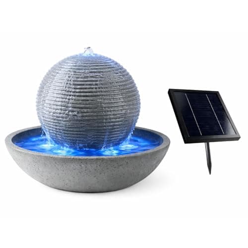 Image of Gardenwize - Solar Powered Ribbed Sphere Garden Water Feature with LED Lights & Battery Back-up | Outdoor Solar Water Fountain for Garden, Patio & Balcony