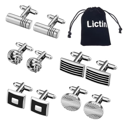 Image of Lictin Men's Cufflinks Cuff Links for Men, 5 Pairs Stainless Steel Classic Tone Cufflinks Black Striped Cuff Links Shirt Suit Cufflinks