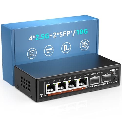 Image of 6 Port 2.5G Umanaged Ethernet Switch, 4 x 2.5G Base-T Ports, 2 x 10G SFP, Compatible with 100/1000/2500Mbps, VLAN, Metal Fanless, Wall Mount, YuanLey 2.5Gbe Network Switch for Wireless AP, NAS, PC