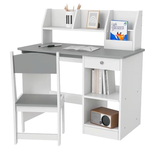 Image of ZONEKIZ Kids Desk and Chair Set with Storage, for Ages 5-8 Years, 2 Piece Children Table and Chair Set with Keyboard Drawer, Grey