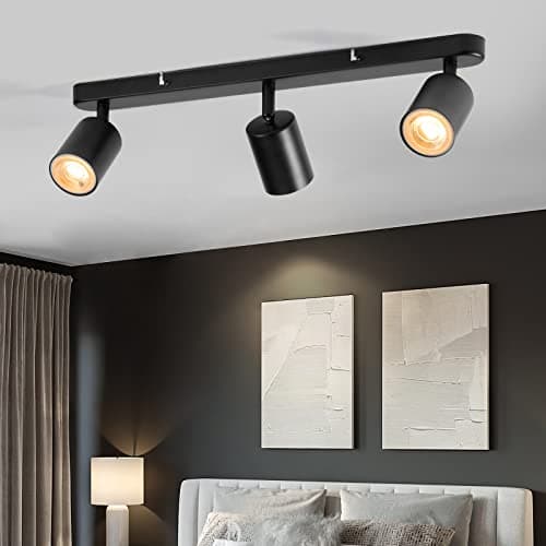 Image of wowatt 3 Way Ceiling Light Bar Matt Black, Modern Ceiling Spotlight GU10 Adjustable, Industrial Spotlight Fitting Indoor Wall Spot Light Metal for Kitchen Bedroom Hallway, GU10 Bulb Not Included