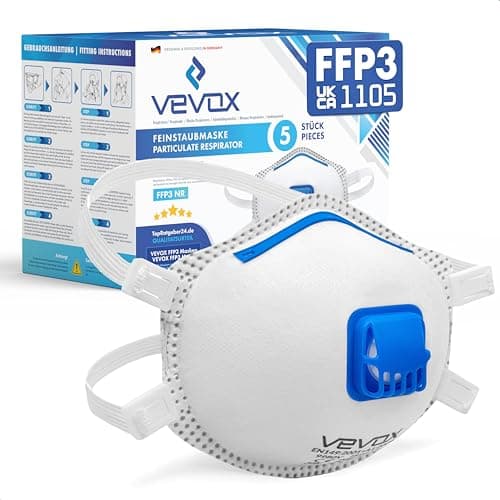 Image of VEVOX® FFP3 Dust Mask - Set of 5 - Valved Face Masks - Respirator - Protection e.g. for Construction, Sanding, Spray Painting, Cleaning, Mould, Fine Dusts or Asbestos Particles
