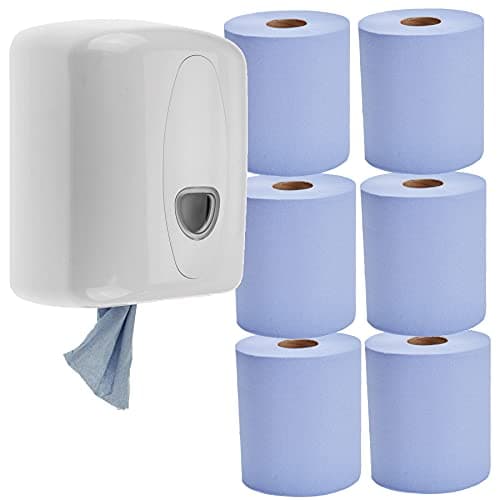 Image of Centerfeed Paper Towel Dispenser Wall Mounted – Includes 6 Centre Pull Rolls – White, Commercial Grade, Hygienic Hands-Free Tissue Dispenser for Kitchens, Bathrooms, Offices, Garages