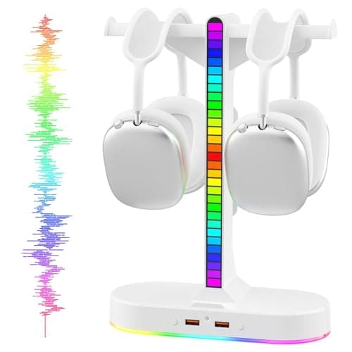 Image of ALACOO Dual Headphones Stand for Desk with 2 USB Port and 3.5mm Audio Port, Double Headphone Hanger Led, Headset Stand RGB with Non-Slip Base, Gaming Headset Holder for Gamer, All Headsets/Earphones