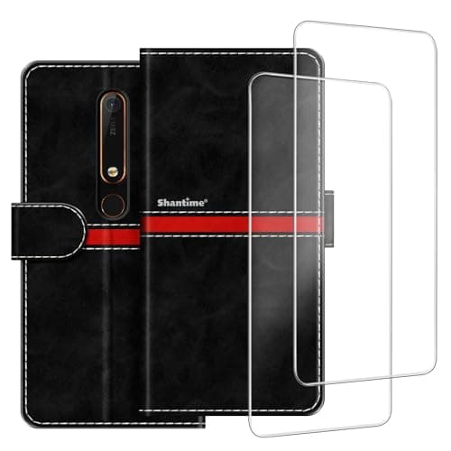 Image of ESACMOT Phone Case Compatible with Nokia 6.1 + [2 Pack] Screen Protector Glass Film, Premium Leather Magnetic Protective Case Cover for Nokia 6 2018 (5.5 inches) Black