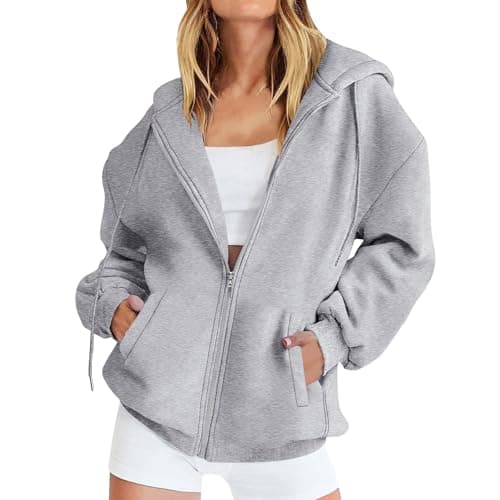 Image of BOYSSPAA Women's Zip Up Hoodie Jacket Oversized Casual Hooded Sweatshirt with Pockets (UK, Alpha, M, Regular, Regular, Grey)