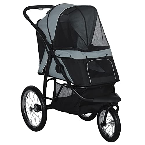 Image of PawHut Dog Pram, Dog Stroller Jogger Foldable Pet Pushchair for Medium, Small Breeds, w/Rubber Wheels, Washable Cushion, Grey