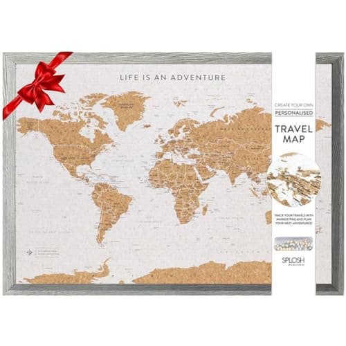 Image of Splosh Large Maps. World Map Pin Board in Grey, Wooden Frame. World Map Cork Board with 100 Pins in 2 Colours to Mark Your Past and Future Adventures. Framed World Maps for Wall. (Grey)