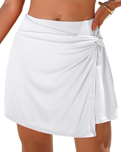 Image of CharmLeaks Womens High Waisted Swim Skirt Tummy Control Swim Skorts Swim Bottoms with Built-in Brief Ribbed White 2XL