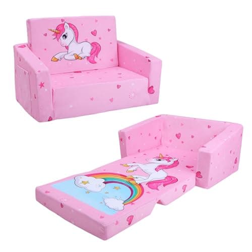 Image of Decalsweet Kids Sofa Bed,2-in-1 Flip Out Kids Couch,Folding Toddler Chair with Pocket,Convertible Chair to Lounger,Birthday Gift for Children Girls,Pink Unicorn