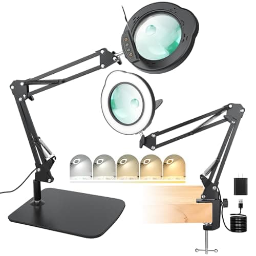 Image of 15X 30X Magnifying Glass with Light and Stand, LED Desk Lamp with Base and Clamp, 5 Color Mode, 10 Dimmable Levels, Hands-Free Magnifying Glasses for Reading, Close Work, Crafts, Jewelry