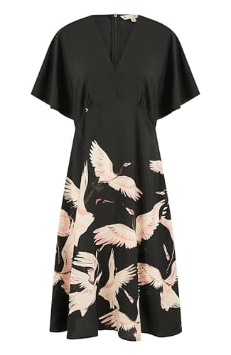 Image of Yumi Black Recycled Fabric Crane Print Kimono Midi Dress (UK, Numeric, 8, Regular, Regular, Black)