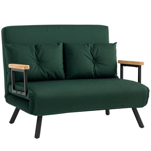 Image of HOMCOM 2 Seater Sofa Bed, Click Clack Convertible Bed Settee, Modern Velvet Feel Fabric Sofa Couch with 2 Tufted Cushions, Wood Armrests for Living Room, Bedroom, Guest Room, Green