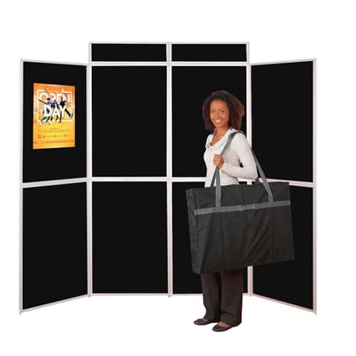 Image of Metroplan Freestanding Jumbo 8 Panel Folding Exhibition Display Panel Kit, Black Double-Sided Pinboard, Aluminium Frame, Header & Bag - for School Displays, Office Venues